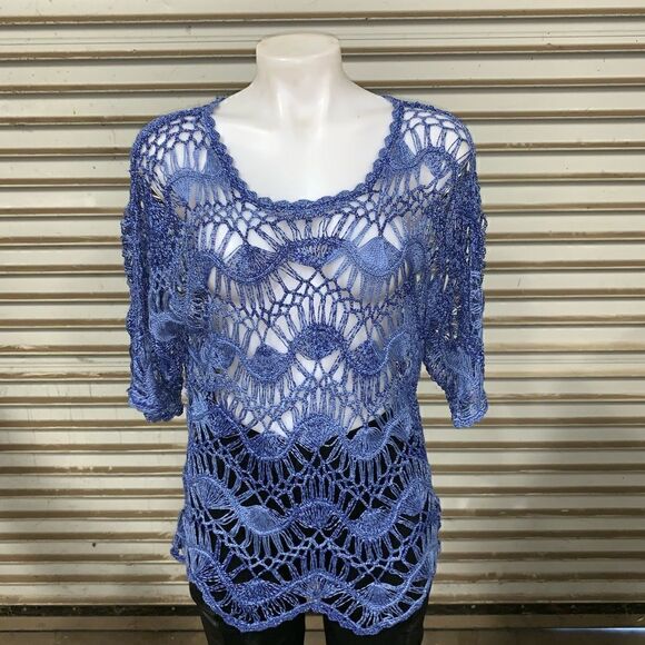 LASeine blue/purple crocheted short sleeve top - Picture 3 of 6